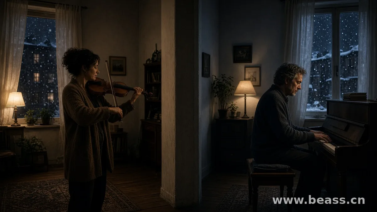 雪夜相邻房间里,左侧人物拉小提琴,右侧人物弹钢琴
